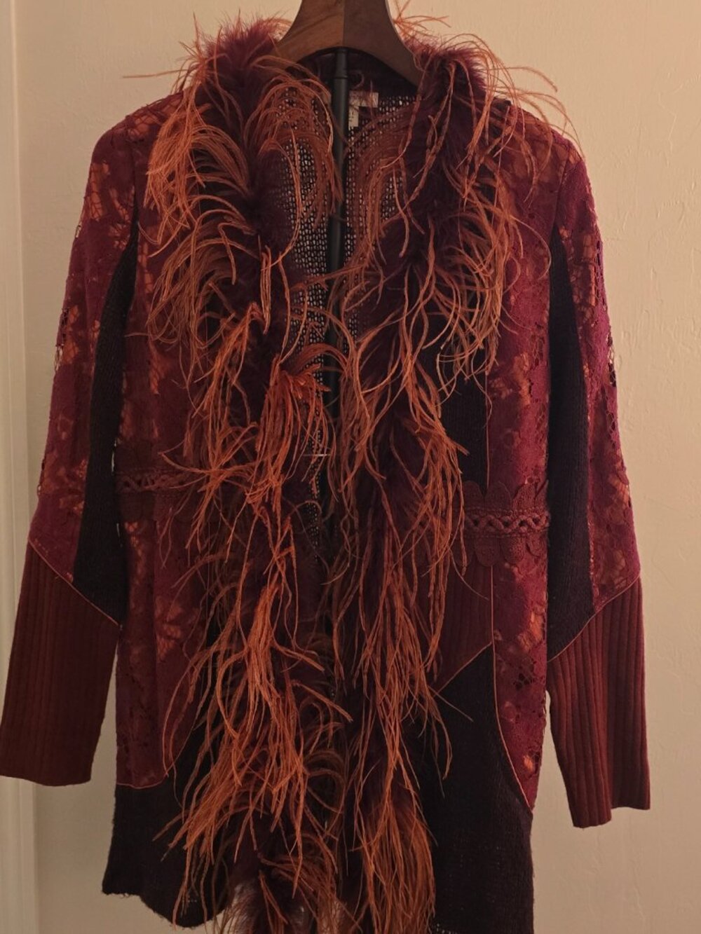 Boston Proper Feather‑Trim Lace & Knit Statement Sweater – Size L